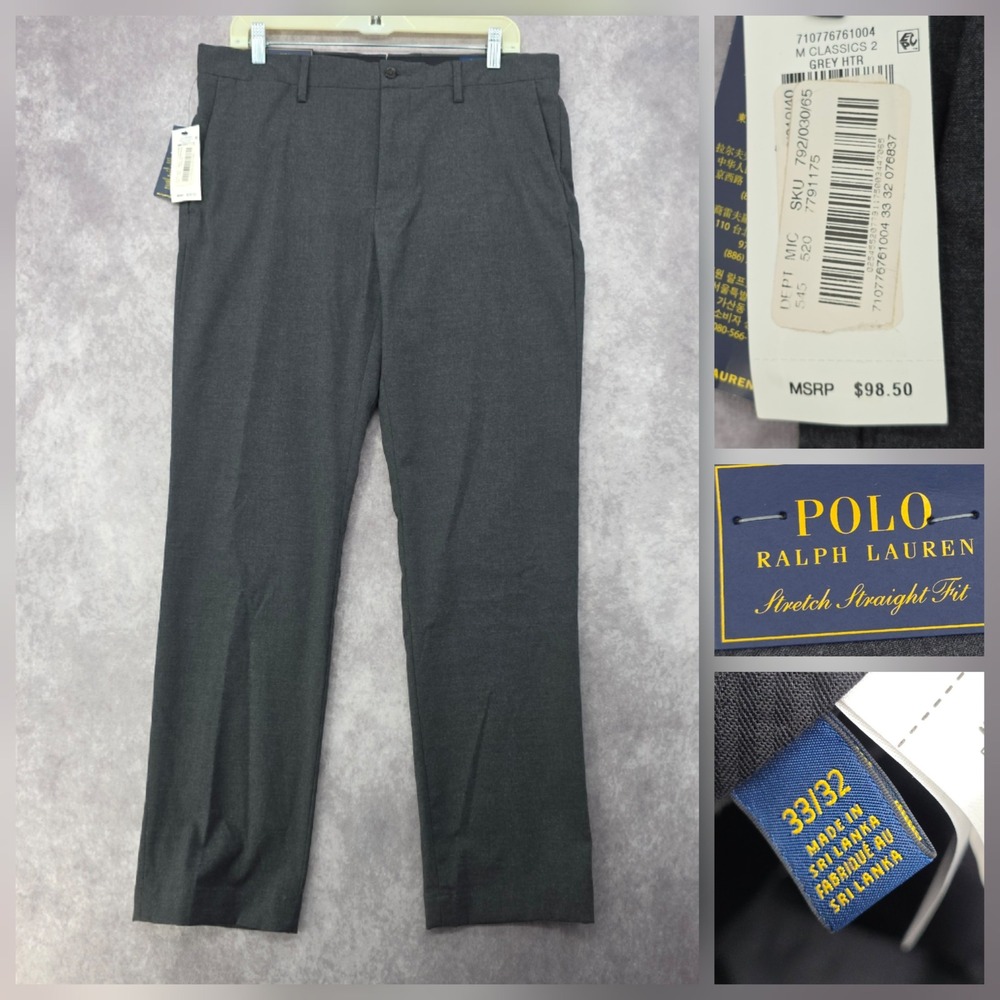 Polo Ralph Lauren Stretch Straight Fit Trousers Mens 33x32 Grey Fits 36x32 NWT